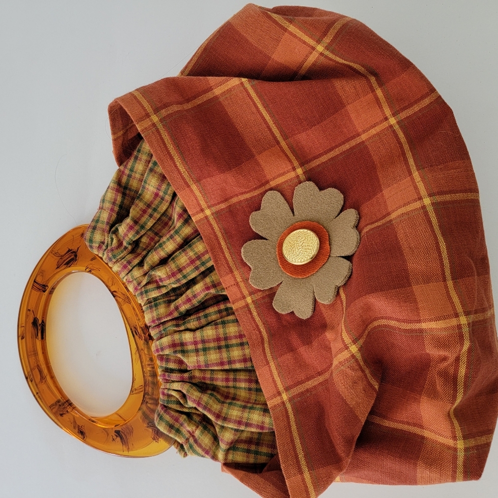 Hand Crafted Orange Brown Plaid Tartan Clutch Purse Handbag Acrylic Handles - Picture 9 of 9